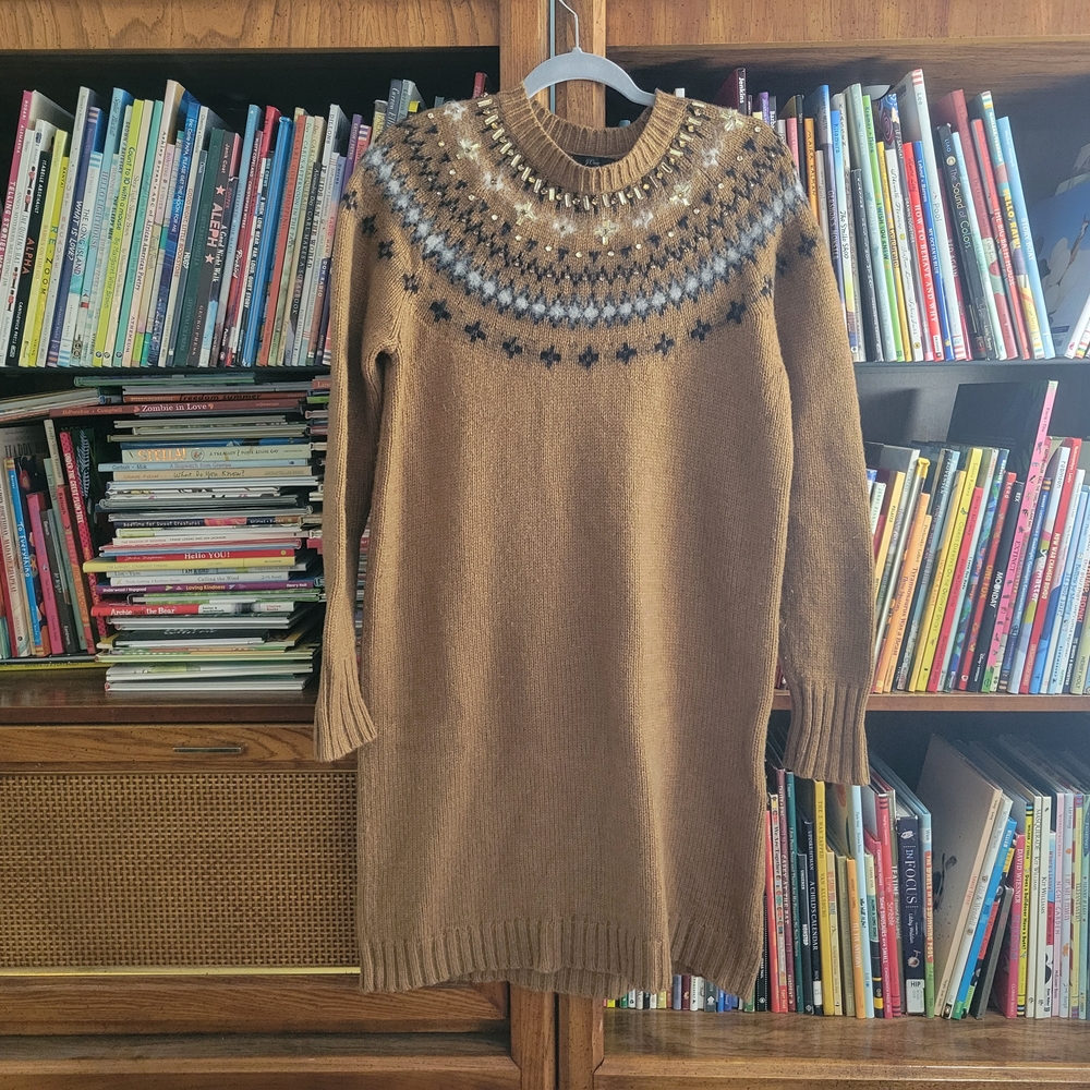 J. Crew Tan Knit Fair Isle Wool Sweater Dress Jewel Embellished Size L
